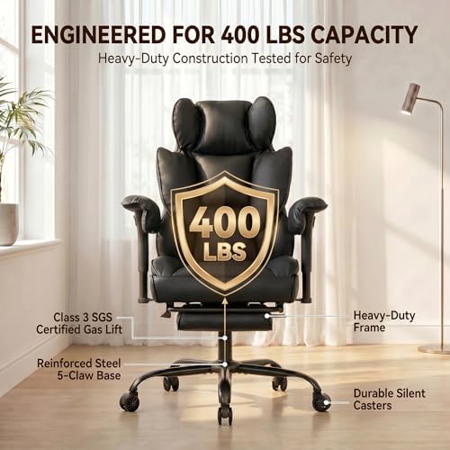 Big and Tall Gaming Office Chair 400lbs - Heavy Duty Ergonomic Computer Desk Chair with Footrest, Adjustable Armrests, High Back PU Leather with Racing Style (Black) - Image 6
