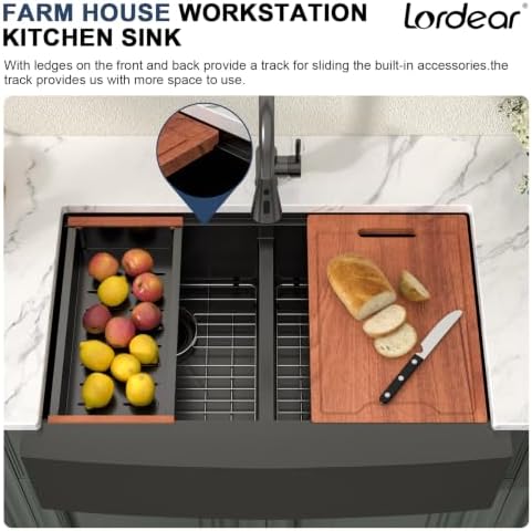 Lordear Matte Black Double Bowl Farmhouse Kitchen Sink Apront Front - Image 2