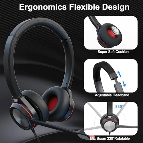 USB Headset with Microphone for PC, 3.5mm & USB A/Type C Wired Computer Headset, Corded PC Headphone with Noise Cancelling Mic, Office Headphones for Business Call Center Teams Laptop - Image 6
