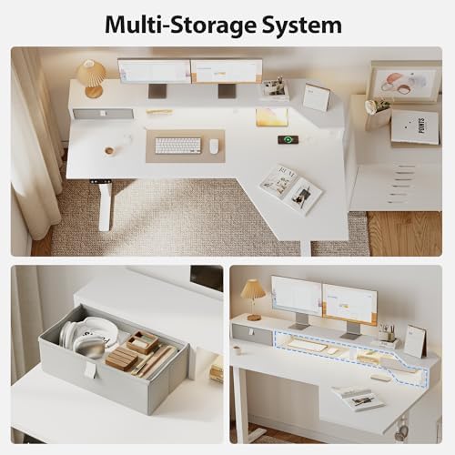 Agilestic 63*35 Inch L Shaped Standing Desk with Shelf & Led& Outlet, White - Image 4