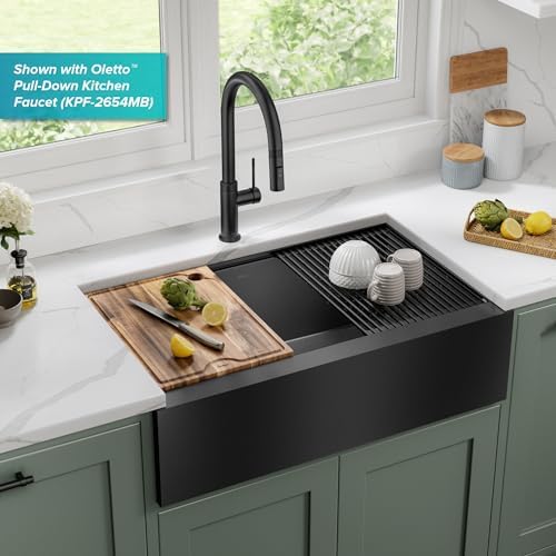 KRAUS Kore Workstation 33-inch Farmhouse Modern Flat Apron Front 16 Gauge Black Stainless Steel Single Bowl Kitchen Sink in PVD Gunmetal Finish with Accessories, KWF410-33/PGM - Image 3