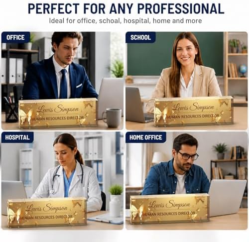 Custom Name Plate for Desk, Office Desk Double sided pattern Name Plate Personalized Office Desk Decor for Women and Men, Teacher Nurse Boss Employee Appreciation Gifts (Golden Butterfly, customization) - Image 2