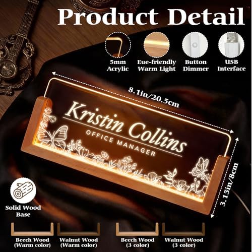 Personalized Light Up Acrylic Desk Name Plate - Custom Name Plate for Desk with Walnut Wood Base - Appreciation Office Gifts for Employees, Teacher, Social Worker (Butterfly) - Image 3