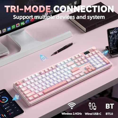 LINGBAO K108 Pro Wireless Mechanical Pink Creamy Keyboard with Number Pad - Image 3