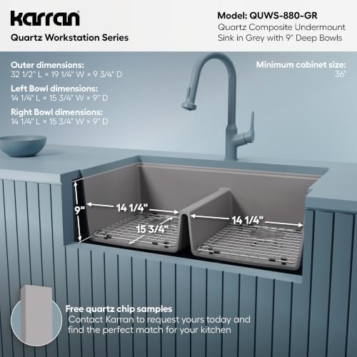 Karran 32.5" Grey Quartz Composite Undermount Double Bowl Workstation Kitchen Sink, 50/50 Chef Prep Station with Cutting Board, Roll-Up Mat, Colander, Bottom Grids and Accessories – QUWS-880 - Image 6
