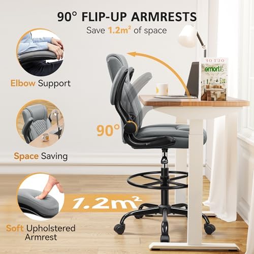 Drafting Chair, Tall Office Chair for Standing Desk, High Executive Leather Ergonomic Computer Chair with Adjustable Height and Flip-Up Armrest for Counter Height Desk, Grey, Pack of 1 - Image 4