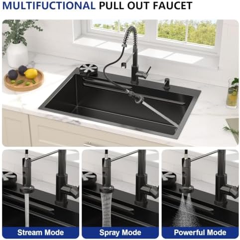 Dcolora 30"x21.2" Matte Black Drop In Kitchen Sink Workstation with Faucet - Image 4