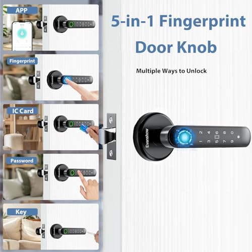 Fingerprint Door Lock Biometric Door Knob with Keypad Keyless Entry, 5-in-1 Door Locks for Bedrooms(Fingerprint/App/Code/Key/IC Card), Home Hotel Office Apartment Black - Image 2