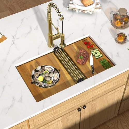 32"x19" Gold Undermount Kitchen Sink, Workstation All-In One Gold 16 Gauge T-304 Stainless Steel Under Counter Single Bowl Sink for Kitchen with Mixing Board & Pasta Strainer #TLU-0049 - Image 3