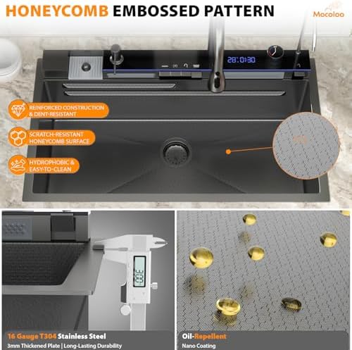 Mocoloo 33 Inch Black Honeycomb Waterfall Kitchen Sink Drop in, 33x19 Inch Stainless Steel Workstation Sink 16 Gauge Topmount Single Bowl Sink with Complete Kit - Image 3