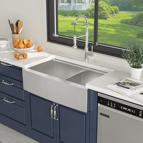 Lordear 33 Inch Stainless Steel Farmhouse Sink 16 Gauge T304 Double Bowl Kitchen Sink Workstation Apron Front Low Divide 50/50 Double Kitchen Farm Sinks 33X22X10 Inch - Image 3