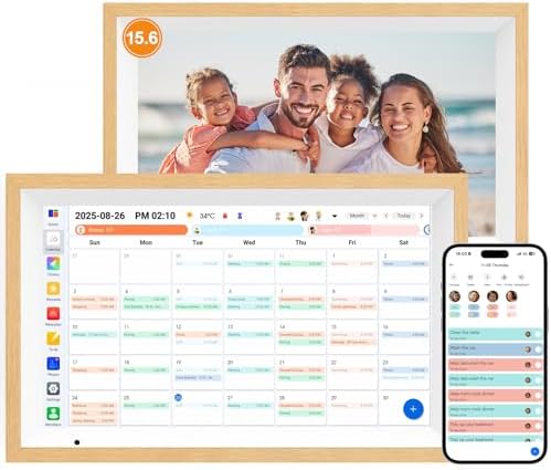 Digital Calendar 15.6" Digital Wall Planners for Family Schedules, Electronic Calendar with 1920*1080 Interactive Touchscreen, Digital Photo Frame Built-in 64GB Memory, Smart Calendar-Wooden by Unknown