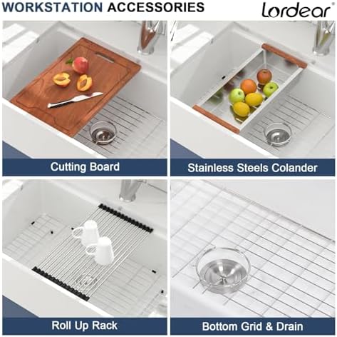 Lordear White Farmhouse Sink - 33 Inch Kitchen Sinks Workstation Apron Front Fireclay 33"x20" Porcelain Ceramic Single Bowl Farmer Sink Farm Sinks 33x20x10 Inch - Image 6