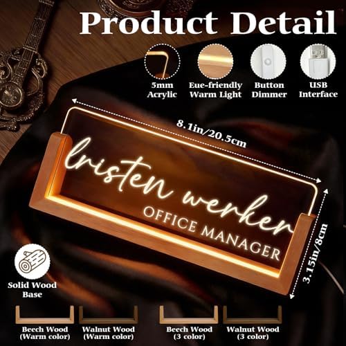 Personalized Light Up Acrylic Desk Name Plate - Custom Name Plate for Desk with Walnut Wood Base - Appreciation Office Gifts for Employees, Teacher, Social Worker (Carving - 1) - Image 2