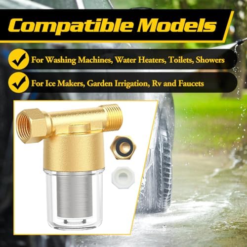 40 Micron Brass Sediment Filter, Inline Water Filter fits 1/2" NPT & 3/4" GHT, Visual Sediment Filter for Washing Machines to Ensure Cleaner Clothes, Also for Water Heaters, RVs, Boats, Garden Hoses - Image 3