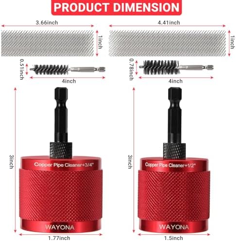 Wayona 1/2" & 3/4" Metal Copper Pipe Cleaner for Drill, with 1/4" Hex Shank, Each Size with 3PCS Brush Blades, Include 2PCS Pipe Brushes, for Cleaning Rust, Stains, Paint and Polishing on Copper Pipe - Image 2