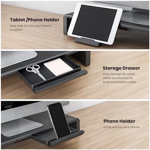 Klearlook Computer Monitor Stand for Desk, Adjustable Foldable Monitor Riser with Storage Drawer & Tablet Phone Holder for Office, Home, Laptop, Desktop (Black 2 Pack) - Image 5