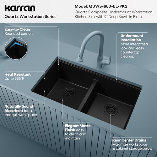 Karran 32.5 Inch Undermount Quartz Composite Workstation Kitchen Sink, 50/50 Double Bowl Low Divide with Color Matched Accessories, Cutting Board, Drying Mat, Colander & Strainers Black - Image 4