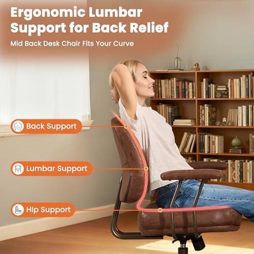 Brown Leather Home Office Chair, Mid Back Ergonomic Desk Chair with Lumbar Support, Mid Century Modern Deep Seat Swivel Rocking Computer Chair, Dark Brown Suede - Image 4