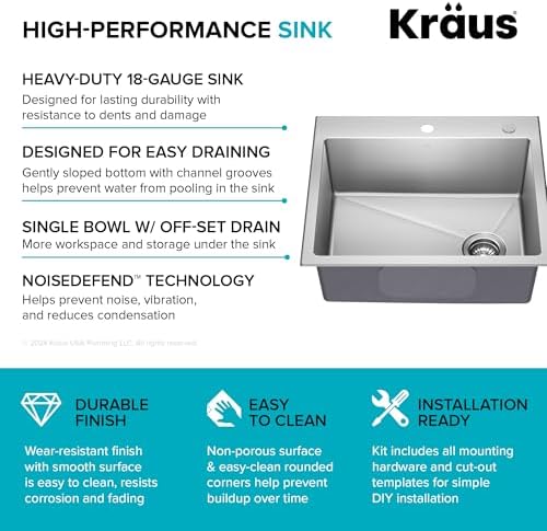 KRAUS Fairlane 25-inch Drop In/Top Mount Single Bowl 18-Gauge Stainless Steel Kitchen Sink, KHT641-25 - Image 6