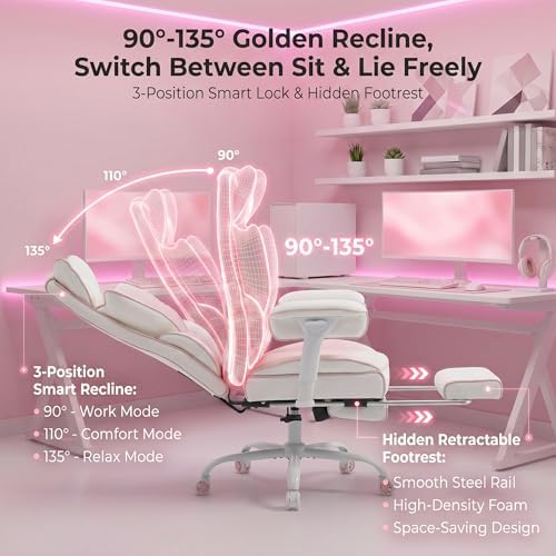 Big and Tall Gaming Office Chair 400lbs - Heavy Duty Ergonomic Computer Desk Chair with Footrest, Adjustable Armrests, High Back PU Leather with Racing Style (White/Pink) - Image 3