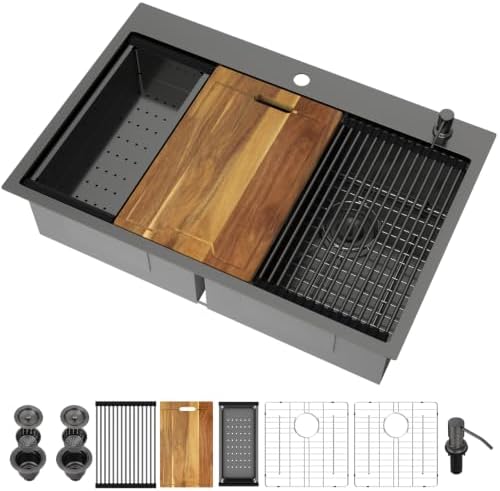 33 x 22 Black Kitchen Sink Drop In Double Bowl Stainless 50/50 Low Divide by Kichae