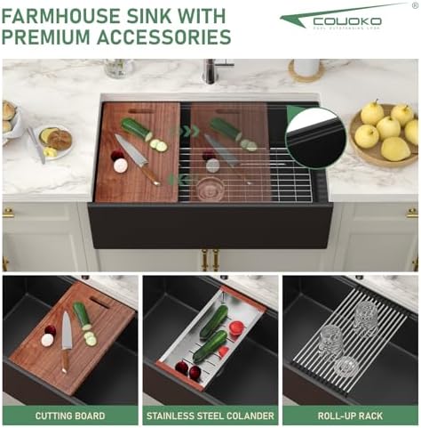 Black Farmhouse Sink Workstation 33 Inch Matte Black Apron Front Fireclay Farm Sink Reversible Apron Ceramic Single Bowl Sink Large Deep Farm Kitchen Sinks with Luxury Accessories - Image 5