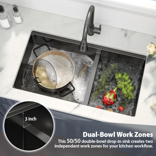 33 Black Undermount Kitchen Sink Double Bowl Workstation 60/40 Low Divide - Image 5