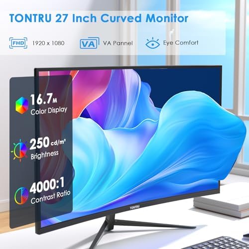 27-inch FHD(1920 x 1080) Monitor Curved, VA Panel, 75Hz, HDMI/VGA, Low Blue Light, Flicker-Free, 3-Side Frameless, VESA Mount, Slim Metal Stand, for Home Office Use, Black - Image 2