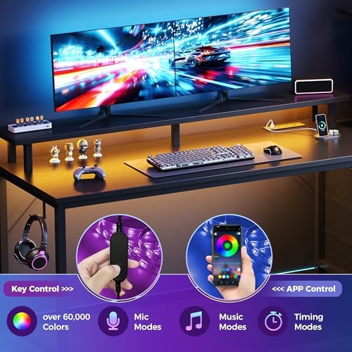 DUMOS 59" Gaming Desk with USB Charging Ports & LED Lights, Black - Image 4