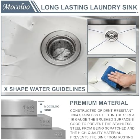 Mocoloo 21 Inch Laundry Sink - 21 x 18 Undermount Utility Sinks 16 Gauge Single Bowl Stainless Steel Utility Sink 12 Inch Deep Laundry Room Sinks Under Counter Seamless Handmade Basin - Image 5