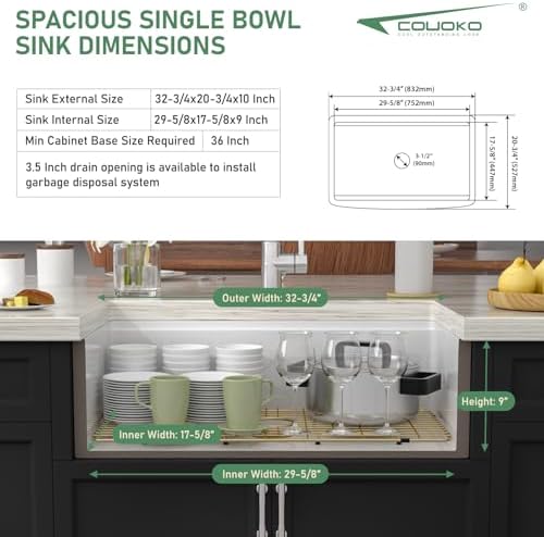 33 Inch White Farmhouse Sink Workstation - Couoko White Curved Apron Front Fireclay Farmhouse Sink Large Deep Ceramic Single Bowl Farm Kitchen Sinks with Luxury Gold Accessories, 33" x 21" x10" - Image 7