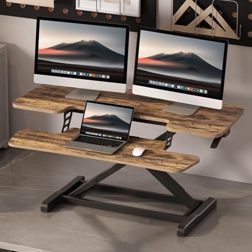 FLEXISPOT Standing Desk Converter 40" Wide Desk Riser for Multi-Device, Large Desktop Sit Stand Workstation for Dual Monitors, Ergonomic Height Adjustable Stand Up Desk Riser, Rustic Brown - Image 2
