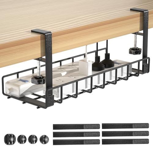 Under Desk Cable Management Tray, Xpatee Upgraded Wire Management No Drill No Screws, Cable Tray with Clamp for Wire Organizers, Computer Cord Rack for Office, Home - No Damage to Desk Black by Xpatee