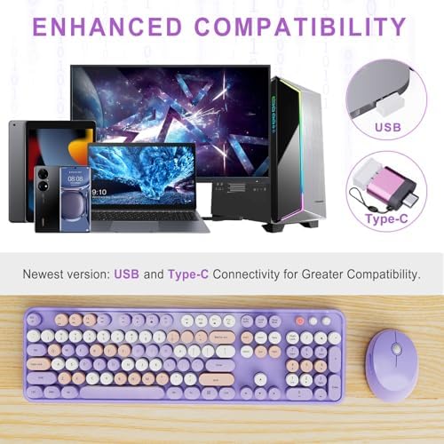 SkyGive Wireless Keyboard and Mouse Combo, Ergonomic Full Size Typewriter Retro Round Keycaps Keyboard, Compatible with Windows, PC, Perfer for Home and Office Keyboards (Lavender Purple - Image 2