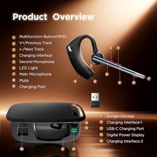 Bluetooth Headset V5.3, Wireless Headset with Dual Noise-Canceling Microphones, Portable Charging Case, 300H Standby Time, Hands Free Headphones for Computer/Cell Phones, Trucker/Home/Office/Work - Image 3