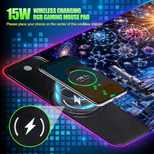 Wireless Charging RGB Gaming Mouse Pad Technology 31.5 x 11.8 Inch Extended Mouse Mat with Neon Geometric Line Design, LED Desk Pad with 7 Lighting Modes, Non-Slip Base for Gaming & Office - Image 2