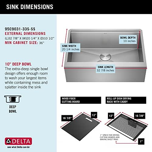 DELTA FAUCET Rivet 33-inch Workstation Farmhouse Apron Front Kitchen Sink Undermount 16 Gauge Stainless Steel Single Bowl with WorkFlow Ledge and Kit of 5 Accessories, 95C9031-33S-SS - Image 5