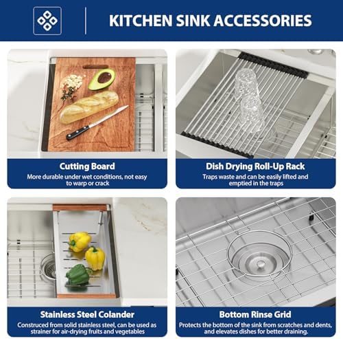 Lordear 33 inch T304 16 Gauge Stainless Steel Farmhouse Kitchen Sink Double Bowl Apron Front Ledge Workstation Low Divide Double Basin 50/50 Farm Style Kitchen Sinks 33x22x9 Inch - Image 6