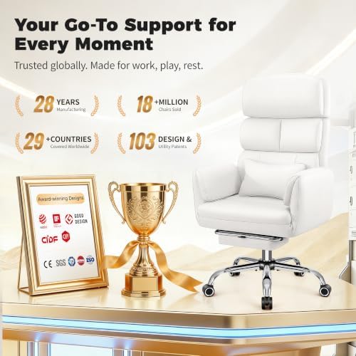 Big and Tall Office Chair 500LBS, Ergonomic High Back Leather Executive Chair, Reclining Swivel with Adjustable Armrests Lumbar Support Footrest, Cross Legged, White - Image 3