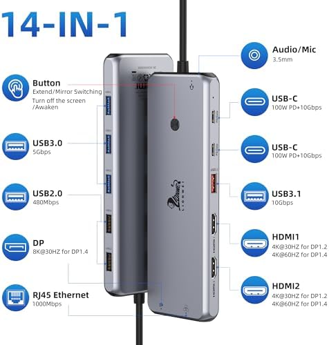 13-in-1 Laptop Docking Station Dual Monitor 4K, 2 HDMI USB C Hub LIONWEI - Image 2