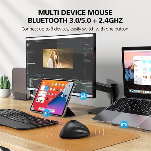 Bluetooth Wireless Mouse Ergonomic Vertical for Laptop Computer Macbook iPad Tablet Rechargeable Silent Click USB Carpal Tunnel Right Hand Compatible with Windows iOS Mac OS Android Black - Image 3