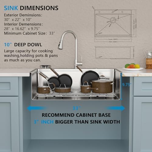 30"x22" Drop In Kitchen Sink Ledge Workstation – 16 Gauge 304 Stainless Steel Top Mount Overmount Single Bowl Sink Basin with Faucet Combo & Glass Rinser - Image 5