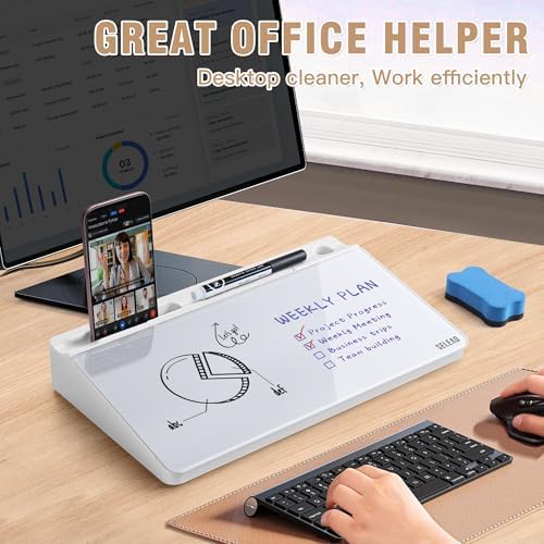 SELEAD Desktop Glass Whiteboard with Storage, 5 Markers and 1 Eraser, White - Image 2