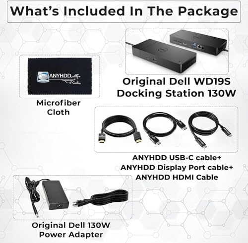 Dell WD19S 130W Dock Bundle, Dual Monitor, 90W PD, USB-C + HDMI + DP Cables + Cloth, Black - Image 2