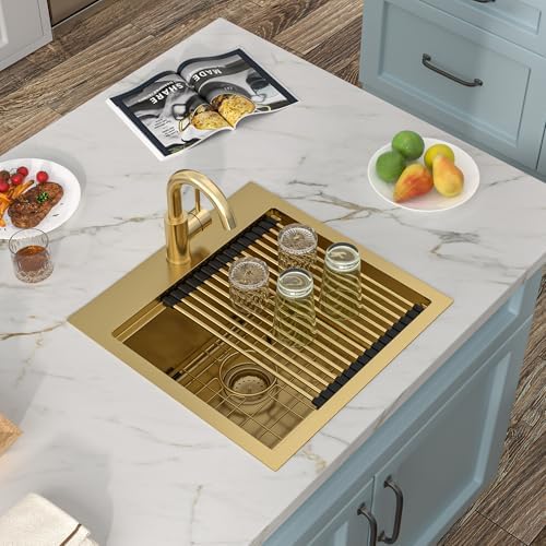 18"x18" Gold Bar Prep Sink Drop In Workstation with Faucet Combo - Image 4