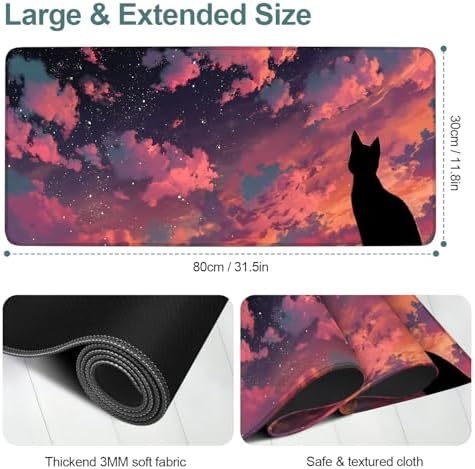 Cat Gaming Mouse Pad 31.5"x11.8" Large Extended Pad Desk Mat Anti-Slip Rubber Base & Durable Stitched Edges for Gamers Smooth Mouse Pad Writing Surface for Desk Office/Home - Image 2