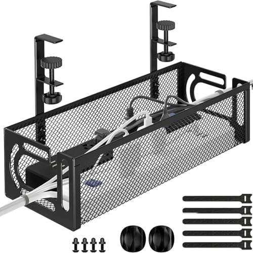 No-Drill Under Desk Cable Management Tray - Tool-Free Installation with Dual Silicone Pads | No Adhesive, No Magnets, No Residue | Heavy-Duty Steel Construction for Wood & Glass Desktops (Black) by Ephliexus