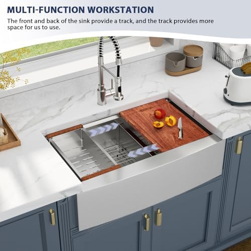33 Farmhouse Sink Double Bowl - Lordear 33x22 Stainless Steel Kitchen Sinks Apron Front Double Basin 60/40 Low Divide Workstation Farm Sinks with Buit in Accessories - Image 4