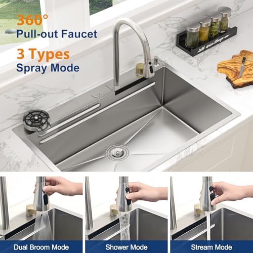 Sarlai 30 Inch Waterfall Kitchen Sink Drop In - 30x22 Waterfall Drop Workstation Stainless Steel 16 Gauge Multifunction Single Bowl Smart Top Mount Kitchen Sink with Faucet Combo - Image 5